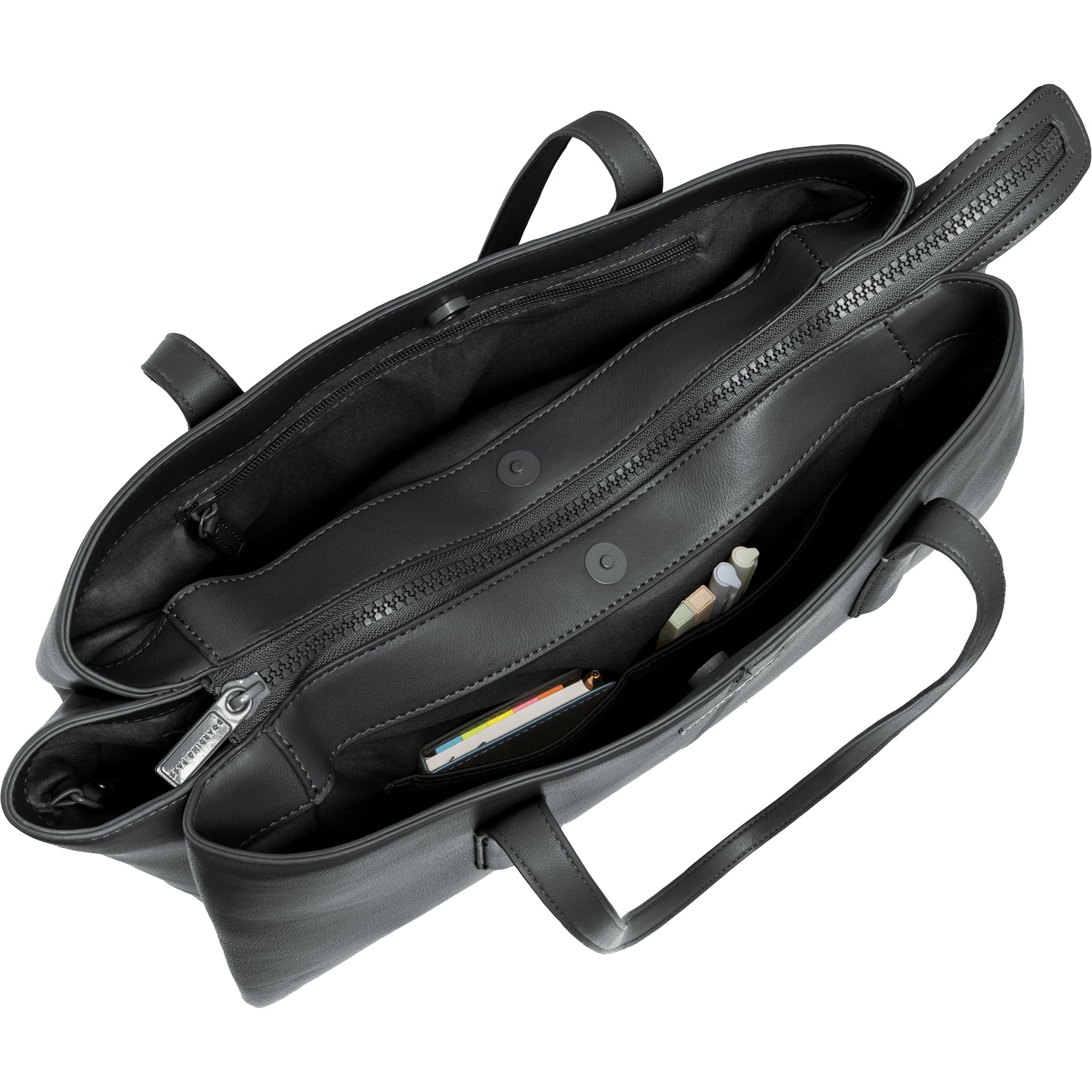 The Commuter Triple Compartment Vegan Leather Shoulder Tote- Black