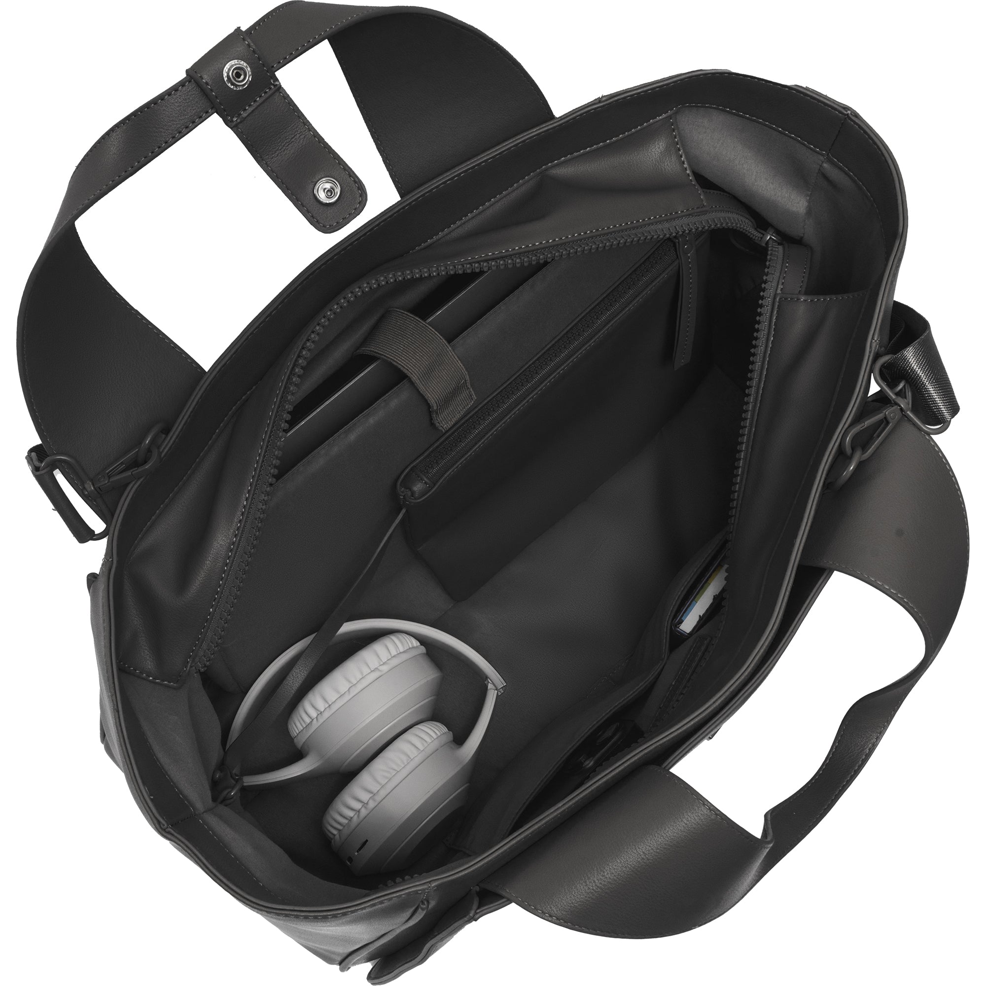 The Commuter East West Triple Compartment Vegan Leather Tote- Black