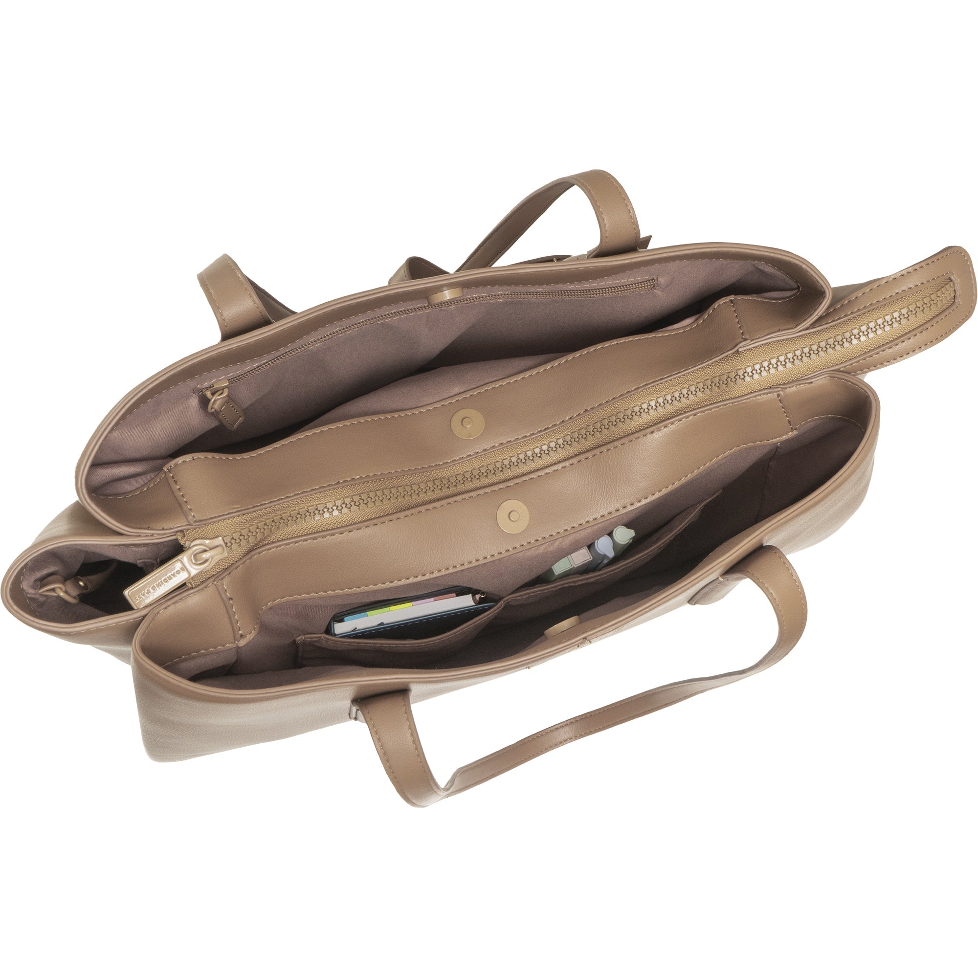 The Commuter Triple Compartment Vegan Leather Shoulder Tote- Taupe