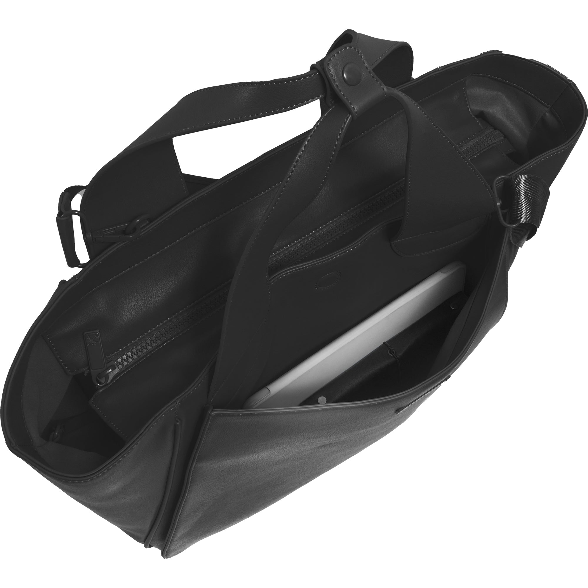 The Commuter East West Triple Compartment Vegan Leather Tote- Black