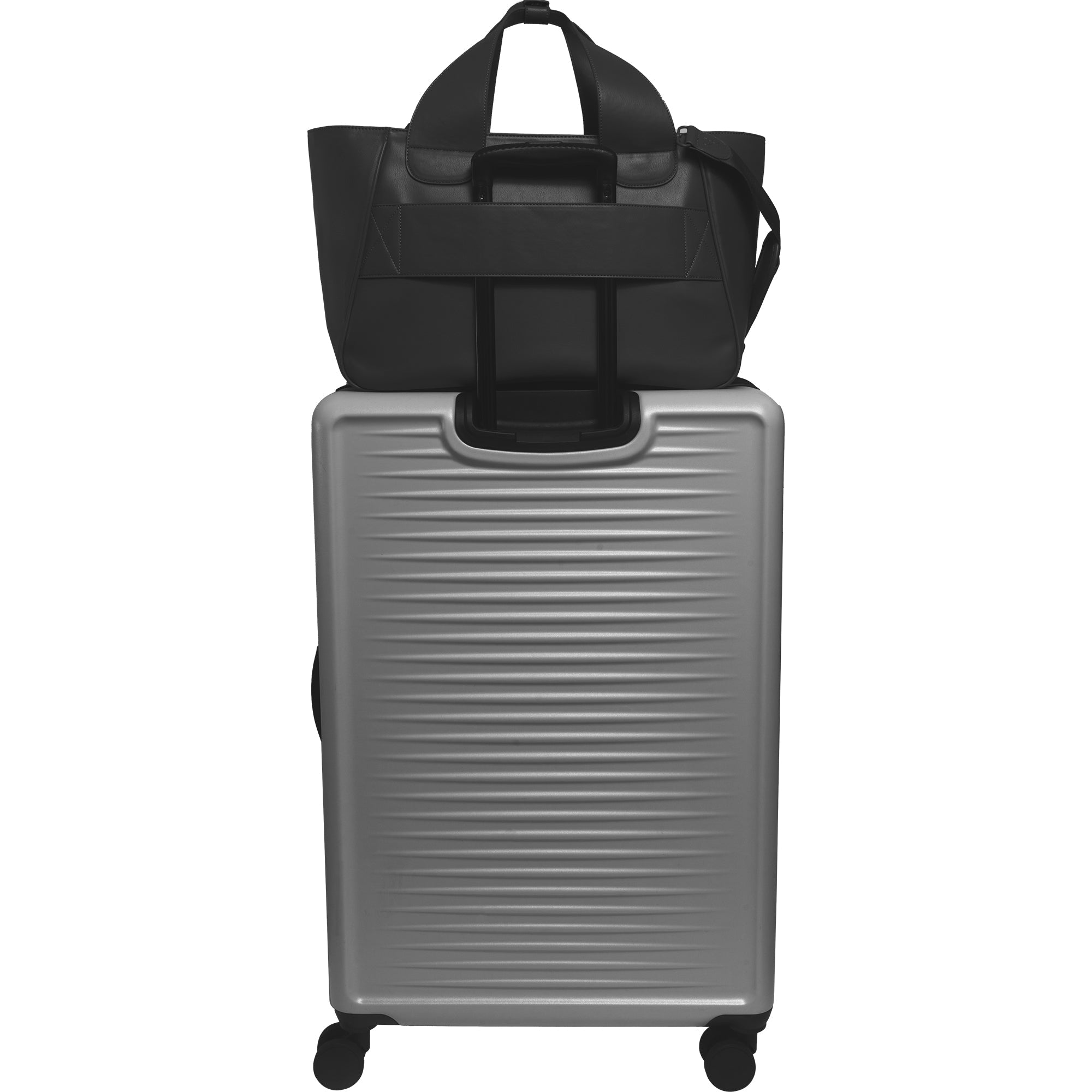 The Commuter East West Triple Compartment Vegan Leather Tote- Black