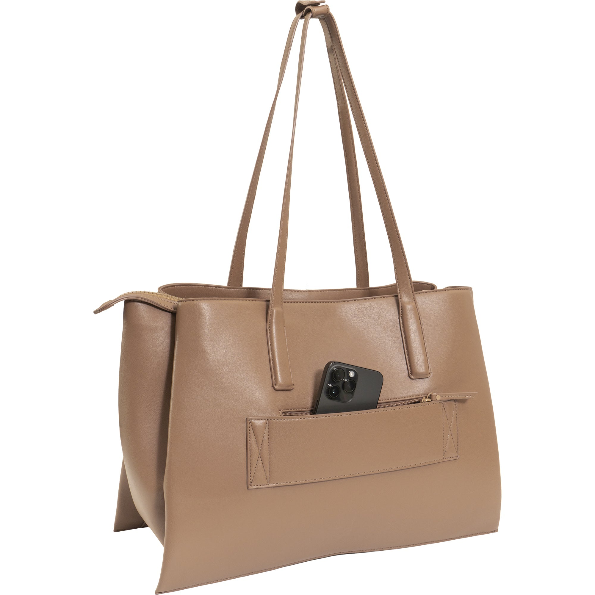 The Commuter Triple Compartment Vegan Leather Shoulder Tote- Taupe