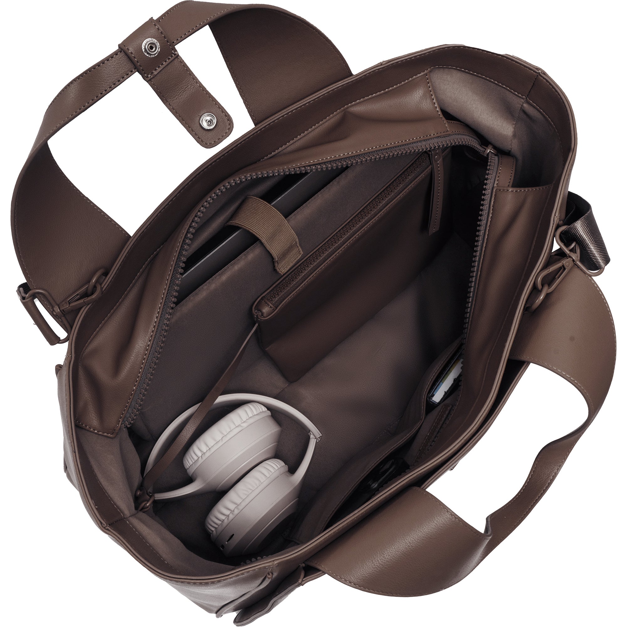 The Commuter East West Triple Compartment Vegan Leather Tote- Chocolate