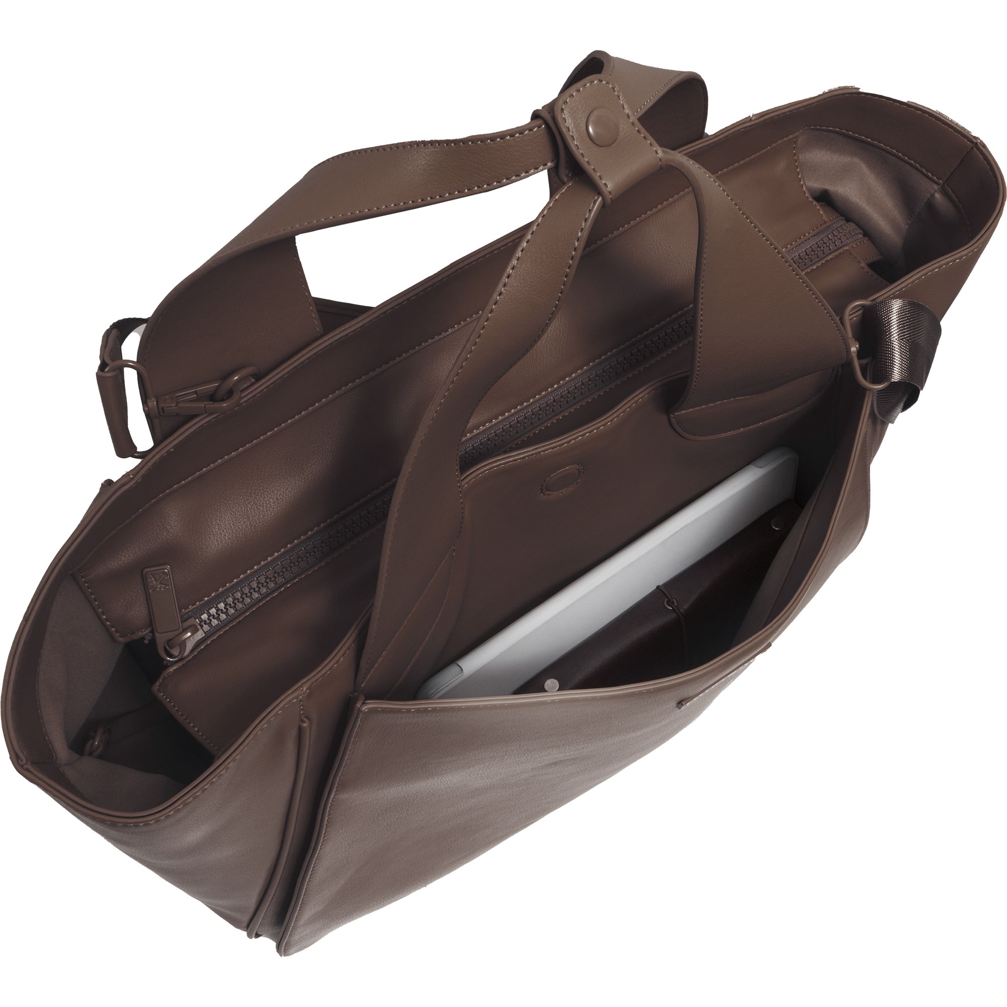 The Commuter East West Triple Compartment Vegan Leather Tote- Chocolate