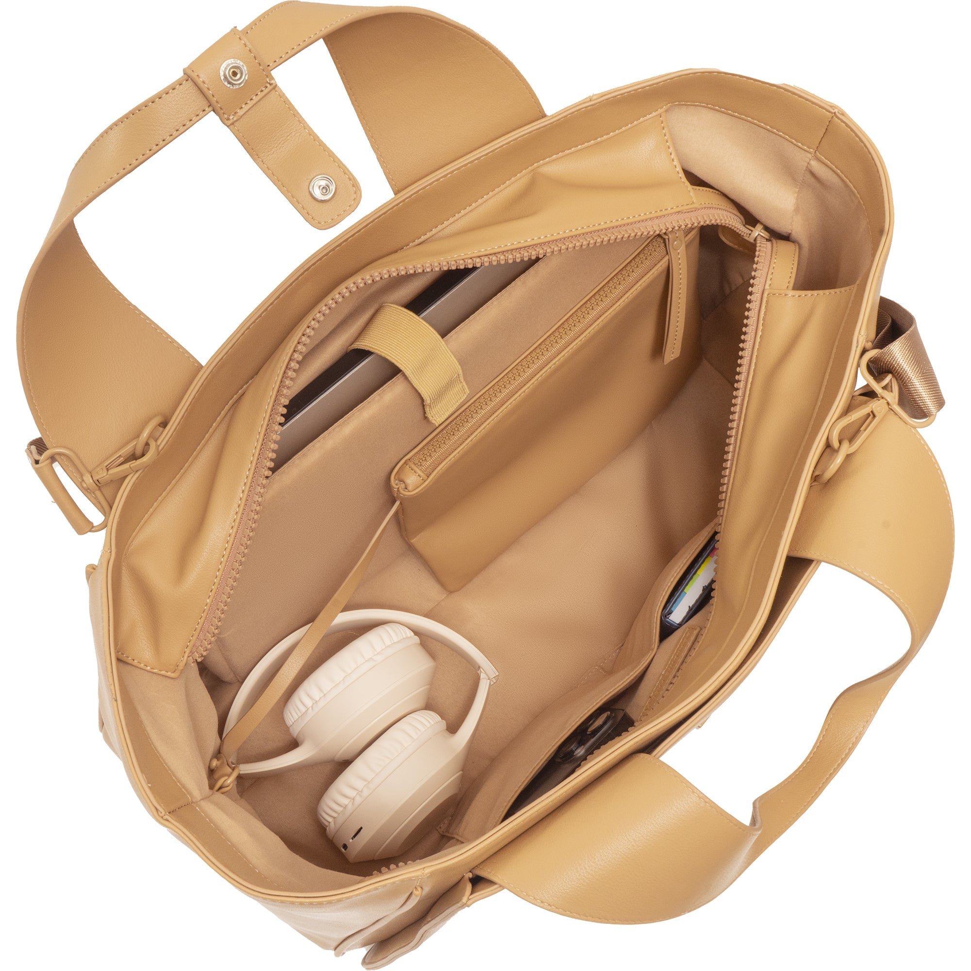 The Commuter East West Triple Compartment Vegan Leather Tote- Tan