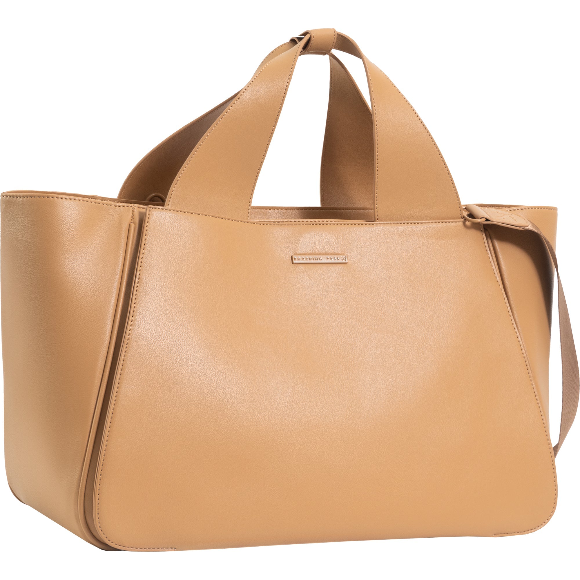 The Commuter East West Triple Compartment Vegan Leather Tote- Tan