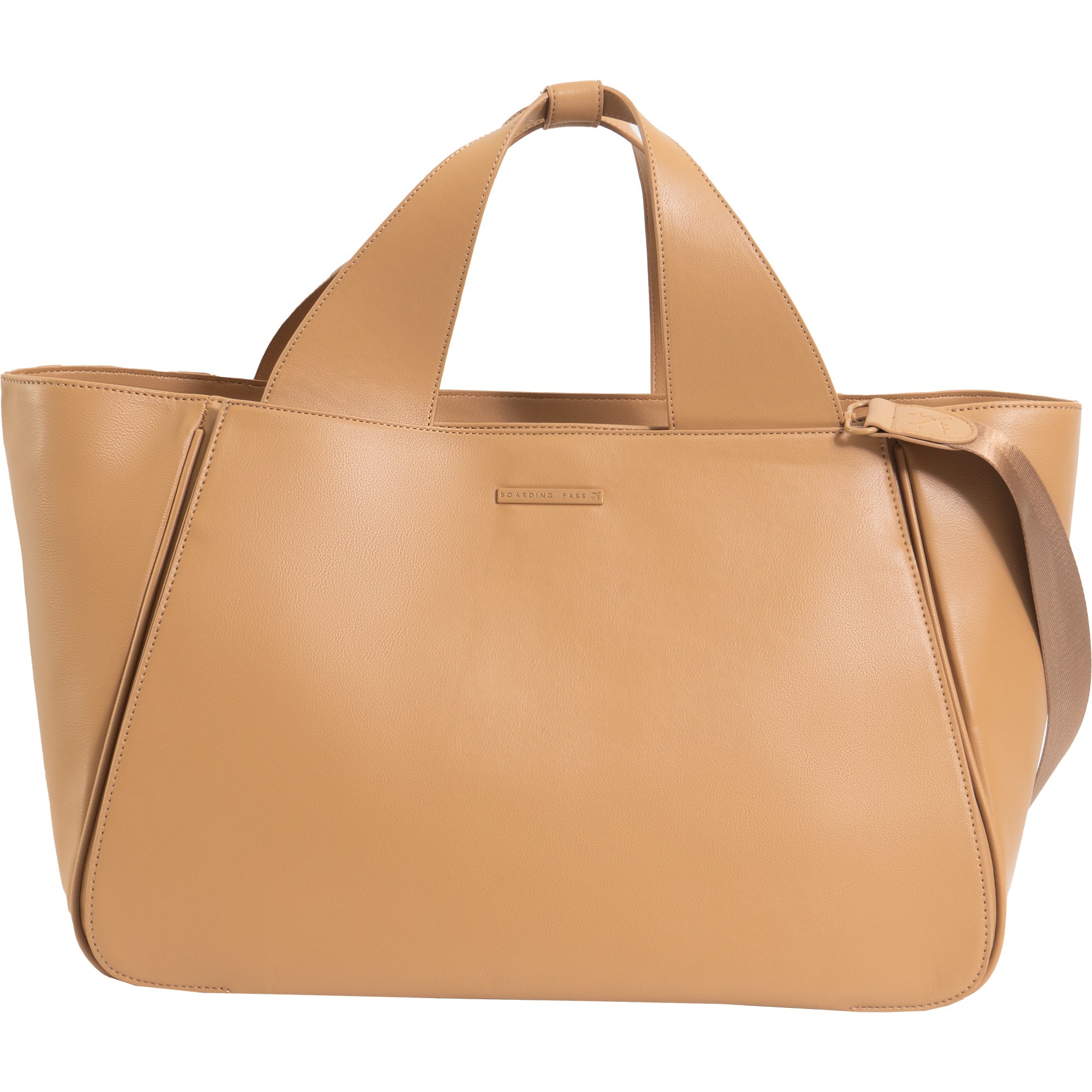 The Commuter East West Triple Compartment Vegan Leather Tote- Tan