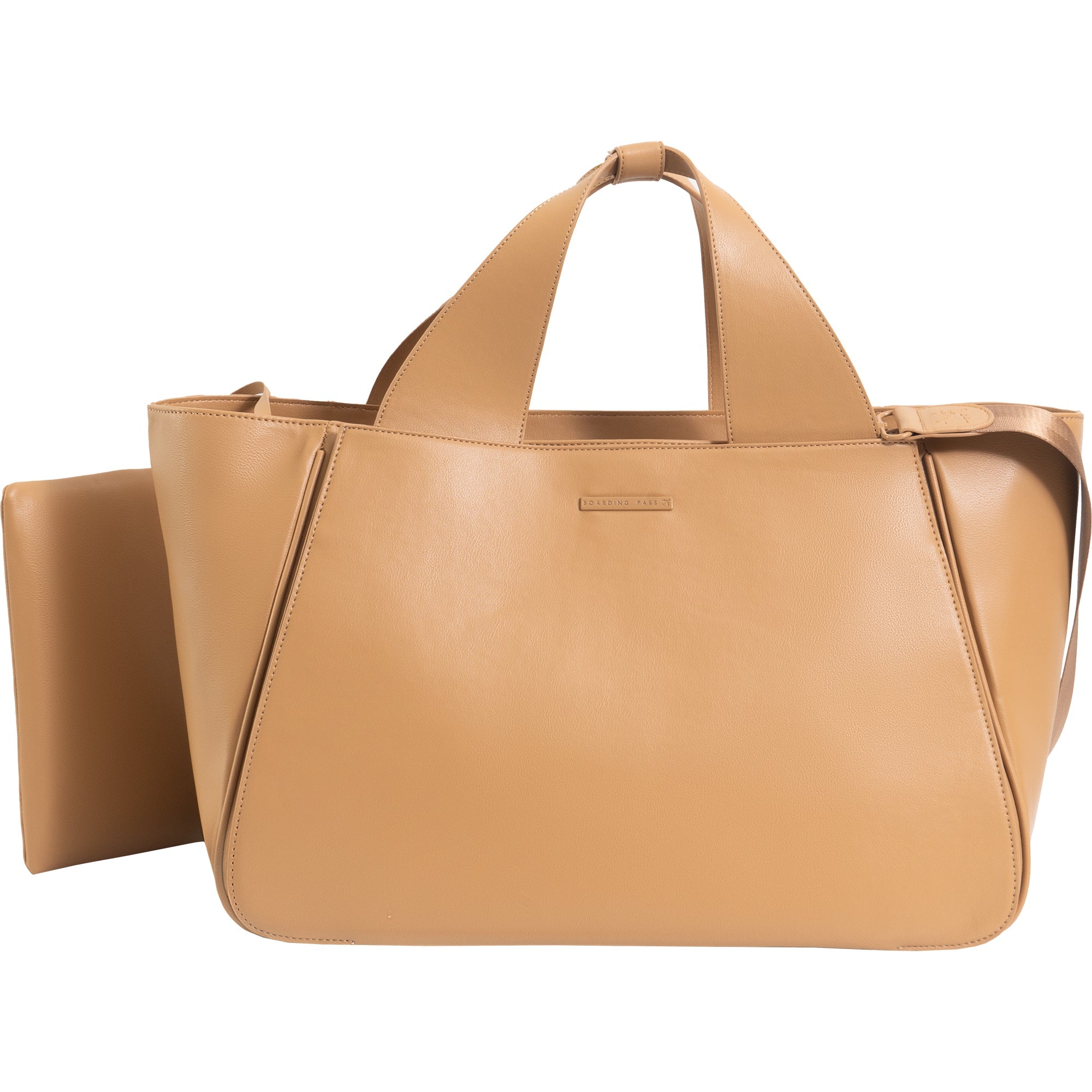The Commuter East West Triple Compartment Vegan Leather Tote- Tan