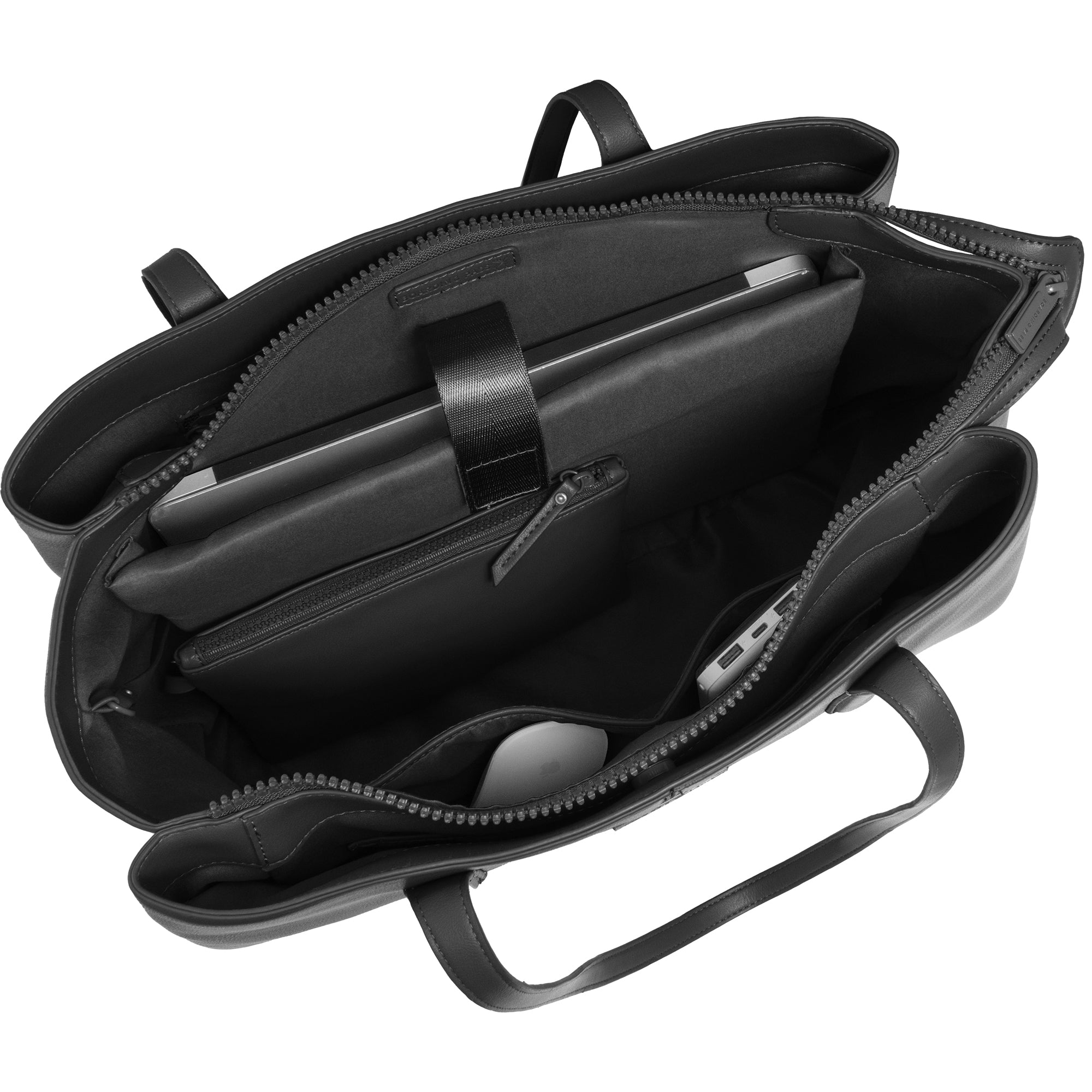 The Commuter Triple Compartment Vegan Leather Shoulder Tote- Black