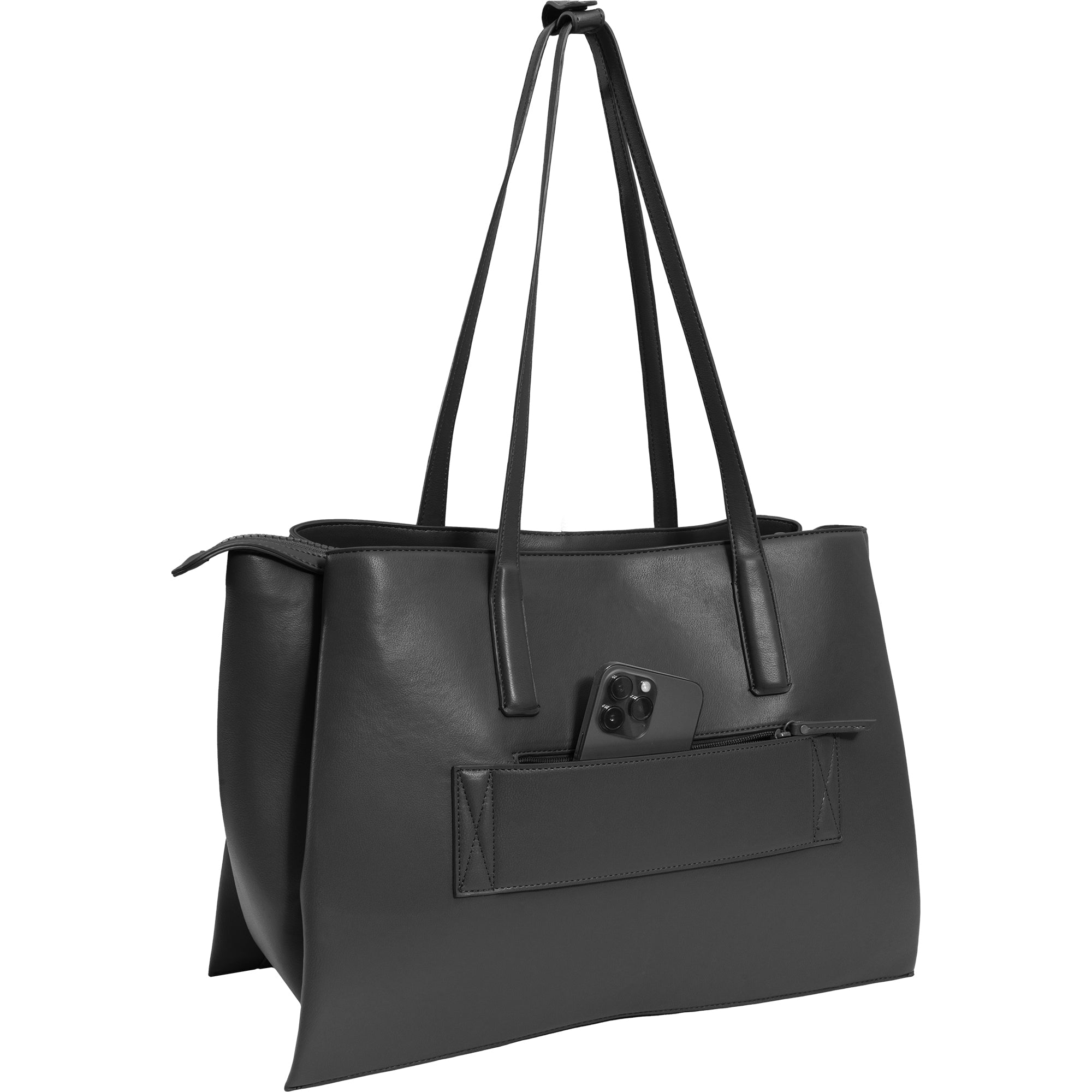 The Commuter Triple Compartment Vegan Leather Shoulder Tote- Black