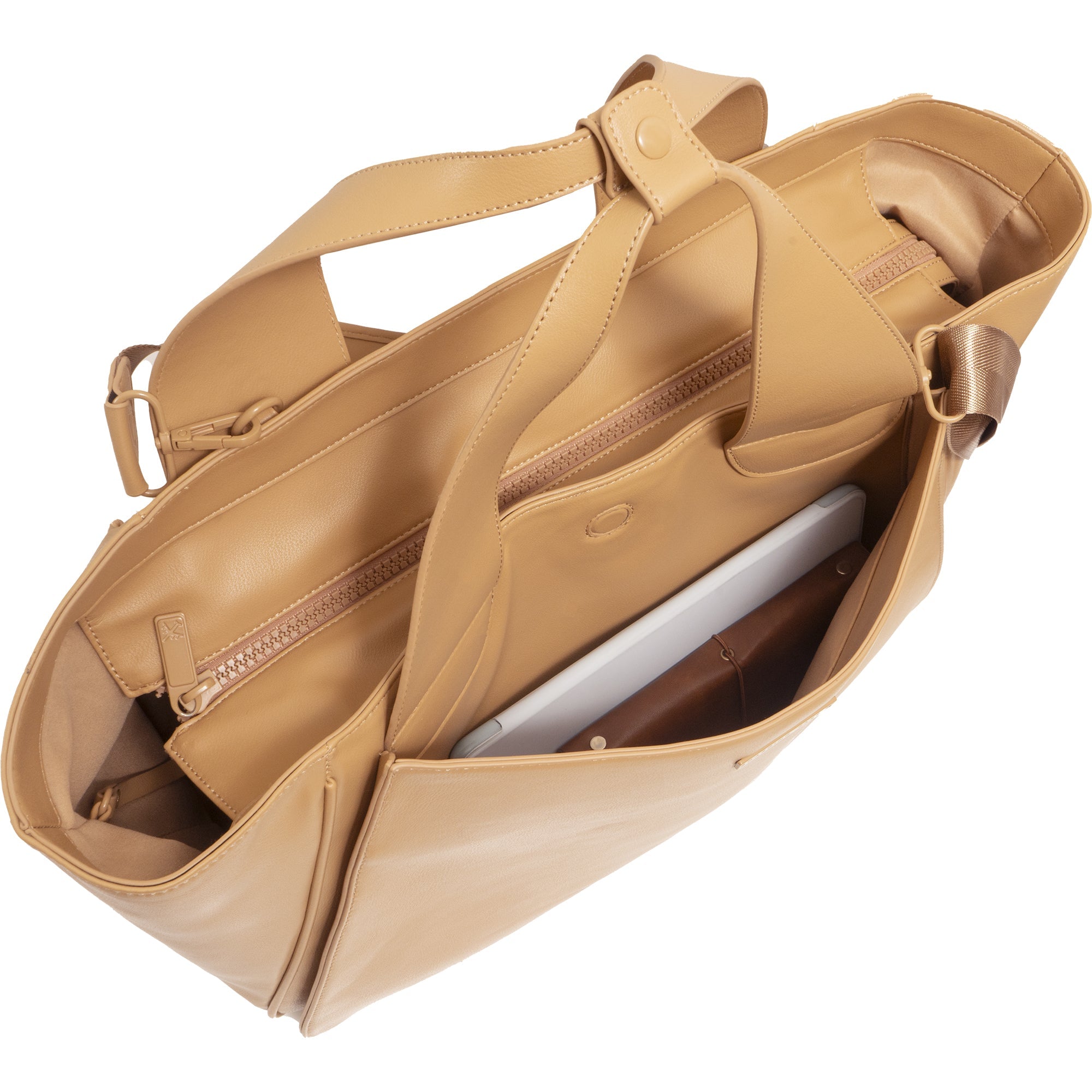 The Commuter East West Triple Compartment Vegan Leather Tote- Tan
