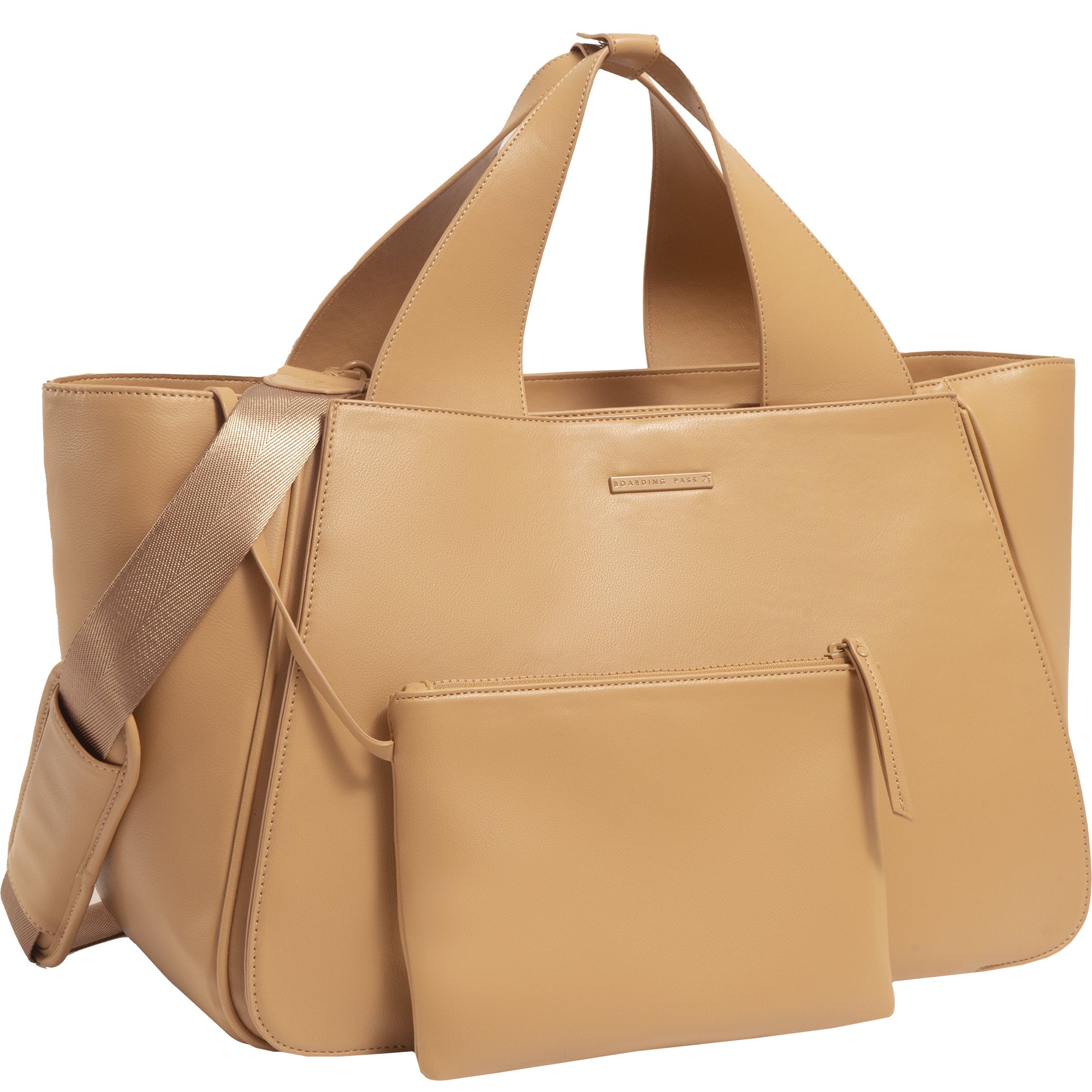 The Commuter East West Triple Compartment Vegan Leather Tote- Tan