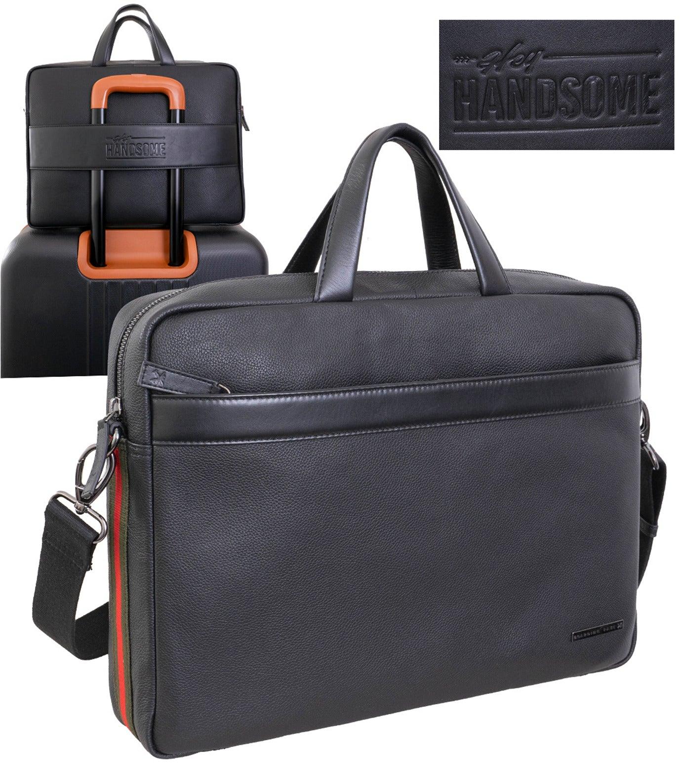 Hey Handsome 18" Pebble Grain Genuine Leather Briefcase - Black